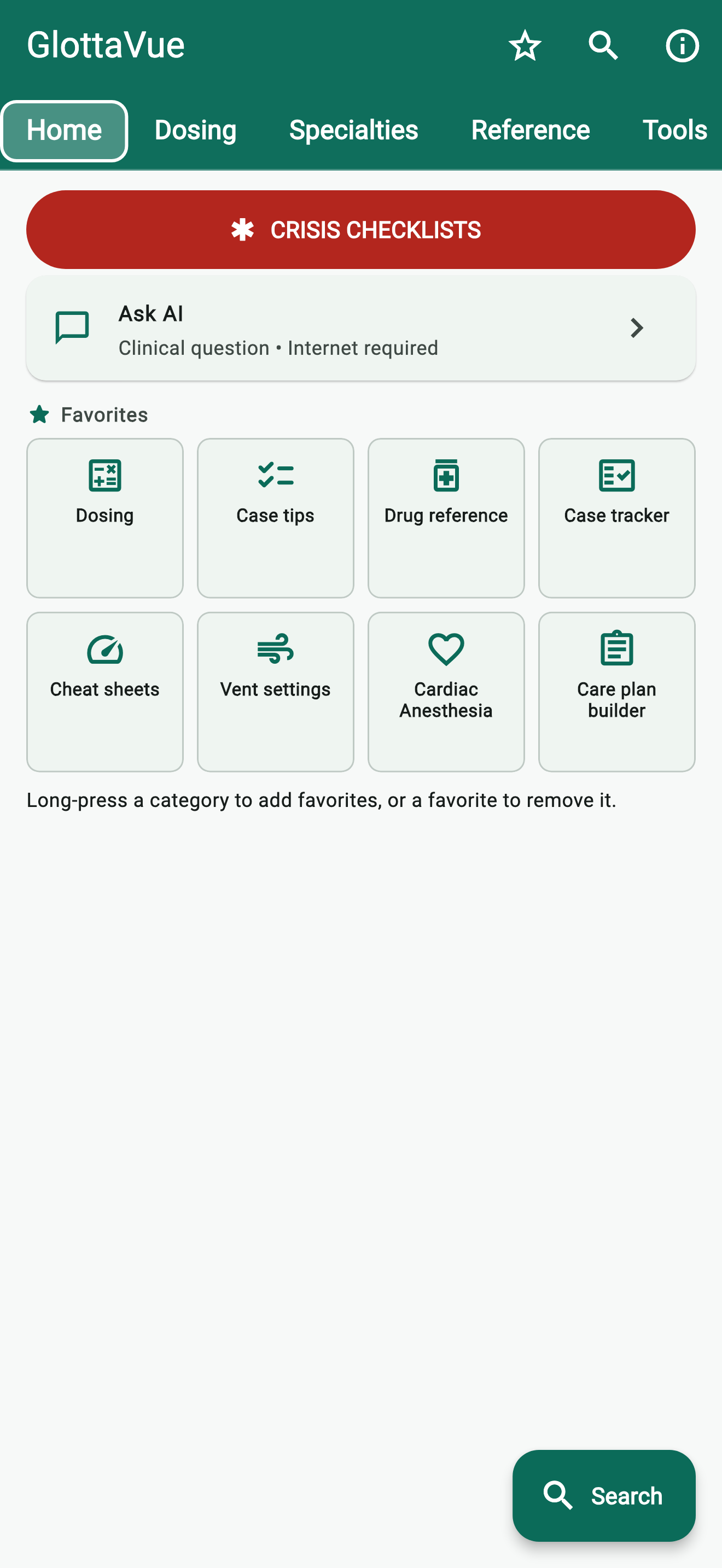 GlottaVue home screen with care-plan builder and reference favorites in version 1.6.4