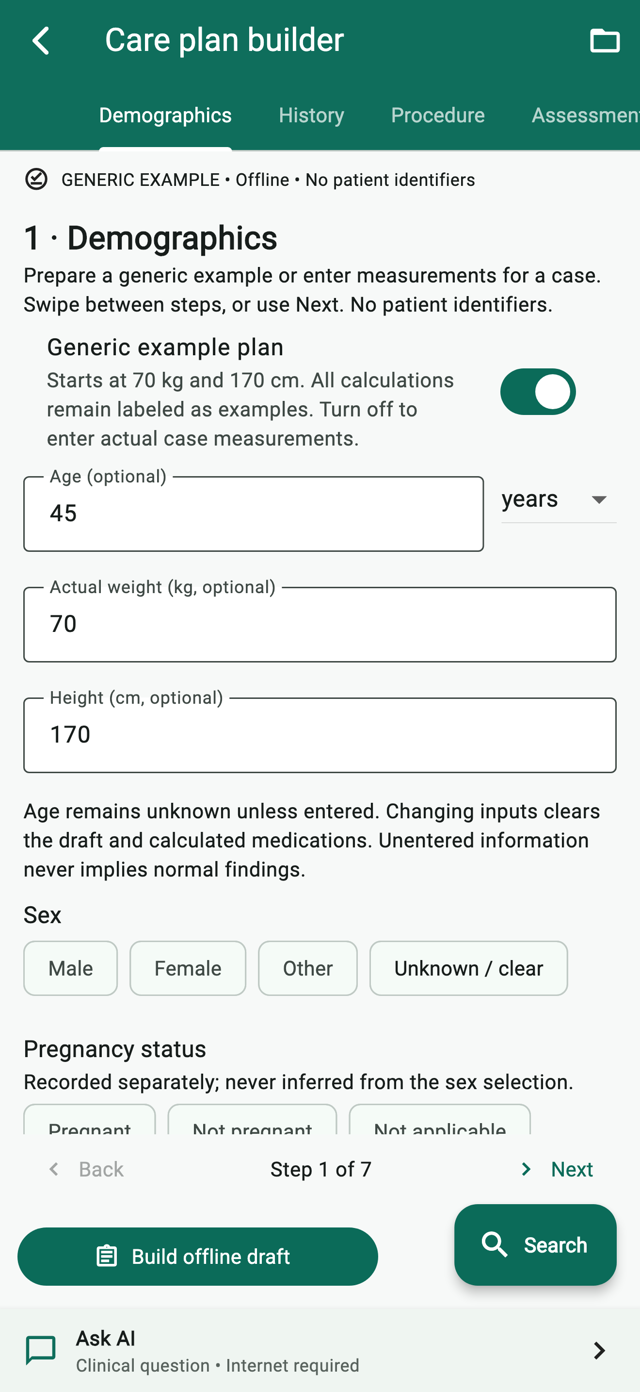 GlottaVue anesthesia care-plan builder showing the patient and procedure workflow